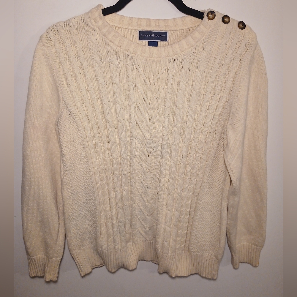 Karen Scott 100% Cotton Cream Cable Knit Sweater with Button Details